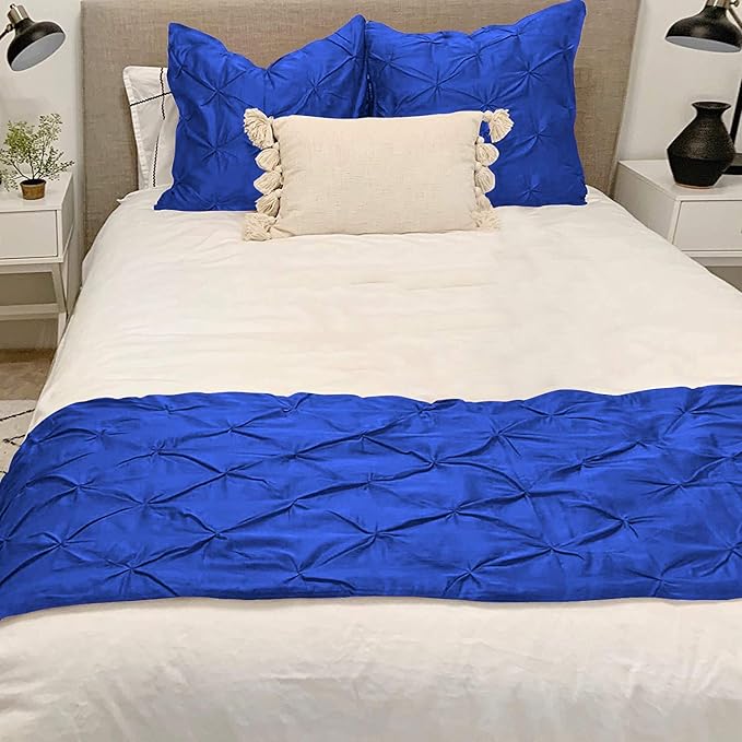 Bed Runner Set - 100% Pure Cotton 800 Thread Count - Luxury 1 Pinch Pleated Bed Runner and 2 Pillow Cover - 3 Piece Pinch Pleated Bed Runner Set King, Royal Blue
