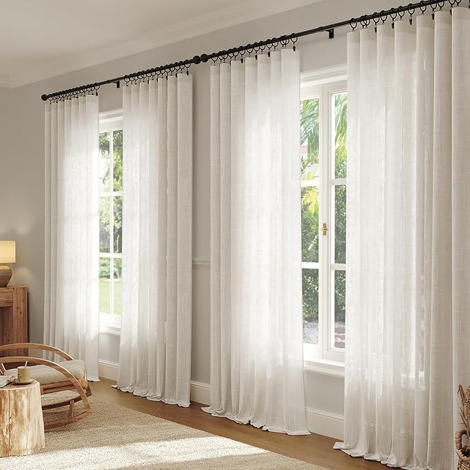 Anmao Natural Linen Curtains for Living Room 102 Inch Length 2 Panels Set, Light Filtering Semi Sheer Window Curtain Drapes for Bedroom with Curtain Rings and Clips, 52Wx102L, Ivory