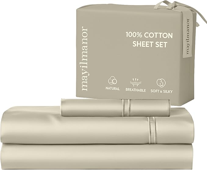 100% Natural Cotton Bed Sheets | 500 TC Single-Ply Sateen Weave Twin Sheets Set | Breathable & Hypoallergenic Solid 3-Piece Bedding with Deep Pocket Fitted, Flat, Pillowcase | Cream Beige