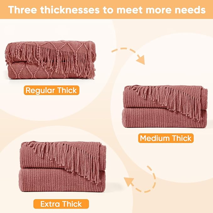 inhand Coral Pink Throw Blanket for Couch Bed,Chunky Chenille Woven Soft Warm Christmas Blankets Gifts for Women with Tassels, Cozy Boho Farmhouse Fall Winter Decor,60"x80",Extra Thick