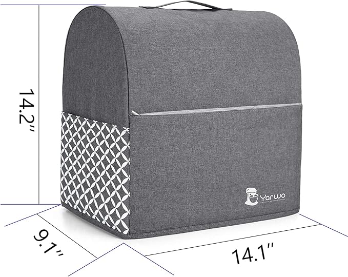 Yarwo Stand Mixer Cover Compatible with 4.5 qt and All 5 qt KitchenAid Mixer, Protective Dust Cover with Top Handle and Pockets for Accessories, Gray with Grid
