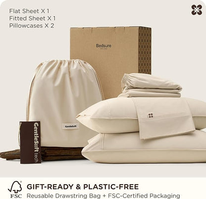 Bedsure Cooling Sheets, Rayon Derived from Bamboo & Cotton Blend, GentleSoft, Breathable, King Size Sheets Set, Deep Pocket Up to 18 Inches, Hotel Luxury Bedding for Hot Sleepers, Beige