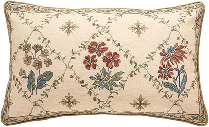 patdrea Designer Throw Pillow Covers,Rectangle Vintage Light Brown Linen with Floral Pattern Pillow Cover,Decorative Lumbar Pillowcases Cushion for Bed Living Room Outdoor Car,12"x20"