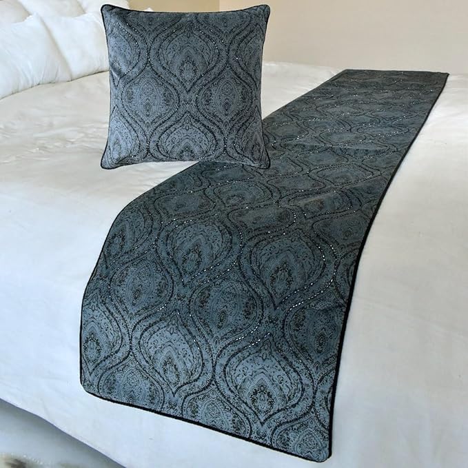 The HomeCentric King/Queen/Twin Gray Decorative Twin 53"x18" Bed Runner with One Pillow Cover, Damask, Victorian & Bead Embroidery Bed Scarf on Suede Fabric - Beatrice