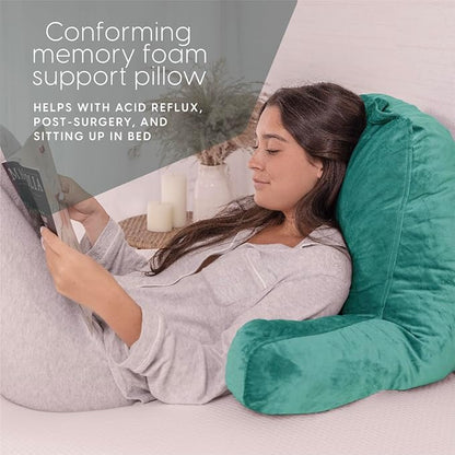 Milliard Reading Pillow with Arms, Teal, Shredded Memory Foam Back Pillow for Bed Sitting Up - Sit Up Backrest Support for Reading & Rest Bed - Washable Cover, Adjustable Comfort, CertiPUR Certified