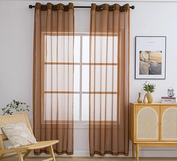 PI Sheer Curtains 95 Inches Length with Grommets,Airy Voile Textured,Modern Window Treatment for Office/Apartment 2 Panels (W52 X L95, Brown)