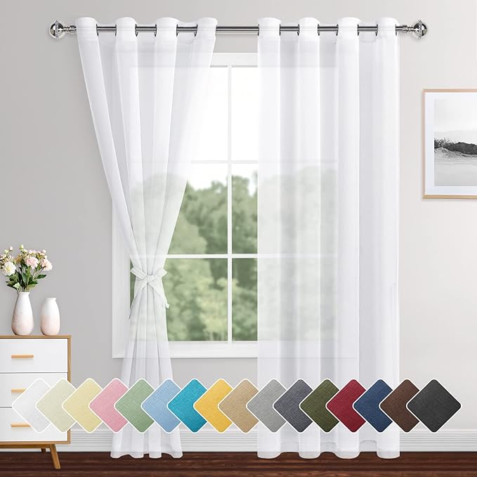 XWZO White Semi Transparent Sheer Curtains for Bedroom, Light Filtering & Breathable Voile Grommet Window Curtains for Living Room, Kids' Room with Tiebacks, Set of 2 Panels, 52 x 90 Inches Long