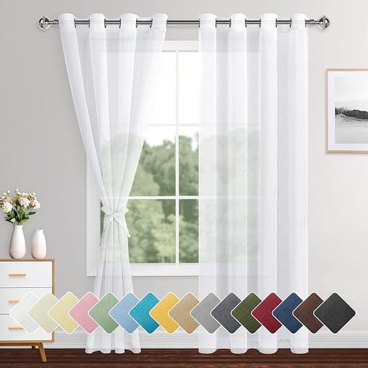 XWZO White Semi Transparent Sheer Curtains for Bedroom, Light Filtering & Breathable Voile Grommet Window Curtains for Living Room, Kids' Room with Tiebacks, Set of 2 Panels, 52 x 90 Inches Long