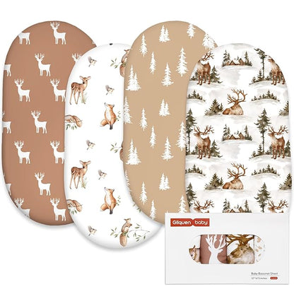 Gllquen Baby Bassinet Sheets 4 Pack, Breathable Cozy Fitted Mattress Sheet, Elastic Travel Crib Fashionable Floral Pattern, Standard Cradle Safe Sheets for Baby Boys Girls 32"x16" (Christmas elk)