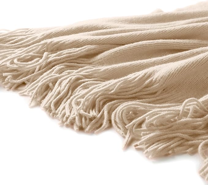 Homiest Decorative Knitted Throw Blanket with Fringe, Lightweight Acrylic Knit, Soft & Cozy Tassel Blanket for Couch, Sofa, Bed (Light Beige, 50 x 60 Inch)