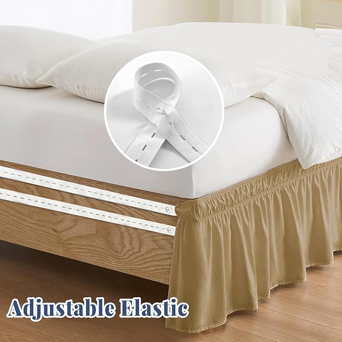Queen Bed Skirt, Elastic Wrap Around Bed Skirt Queen Size, Bed Skirts for Adjustable Bed, Easy Fit with 14" Drop Length Tailored Drop Dust Ruffle (Beige)