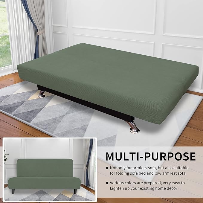 Easy-Going Stretch Futon Slipcover Armless Futon Bed Cover Furniture Protector Without Armrests with Elastic Bottom for Kids, Soft Jacquard Fabric Small Checks (Medium, Greyish Green)