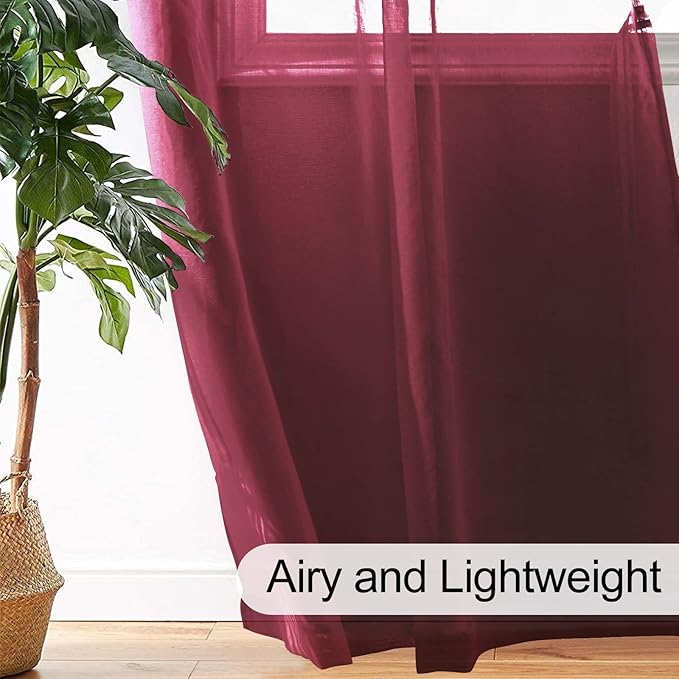 XWZO Sheer Curtains 84 Inches Length 2 Panels Set, Solid Grommet Semi Transparent Window Curtains for Living Room/Bedroom, Home Decor with Tiebacks, Amaranth Red, 52 x 84 Inches Long