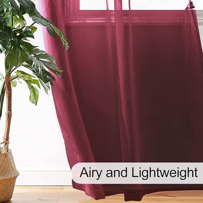 XWZO Sheer Curtains 84 Inches Length 2 Panels Set, Solid Grommet Semi Transparent Window Curtains for Living Room/Bedroom, Home Decor with Tiebacks, Amaranth Red, 52 x 84 Inches Long