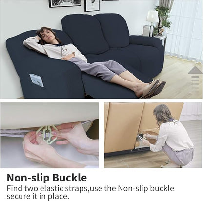 Easy-Going 8 Pieces Recliner Sofa Stretch Sofa Slipcover Sofa Cover Furniture Protector Couch Soft with Elastic Bottom Kids, Spandex Jacquard Fabric Small Checks Dark Blue