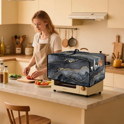 Convection Toaster Oven Cover Protective Small Kitchen Appliance Dust Cover with Accessory Pockets for Kitchen Home Indoor Decorations, L, Marble Black Gold