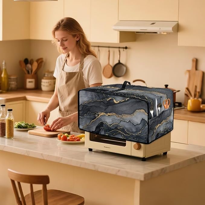 Convection Toaster Oven Cover Protective Small Kitchen Appliance Dust Cover with Accessory Pockets for Kitchen Home Indoor Decorations, S, Marble Black Gold