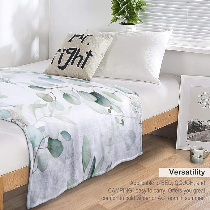 Eucalyptus Leaf Throw Blanket, Watercolor Floral Spring Botanical Green Plants Herb Print Cozy Plush Blanket for Bedroom Living Rooms Sofa Couch, 60"x80"