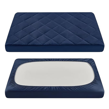 TILLYOU Pack and Play Sheets for Toddler Mattress, Mini Crib Sheets Fitted Up to 3" Deep, Breathable and Soft fit 39"x27", Navy
