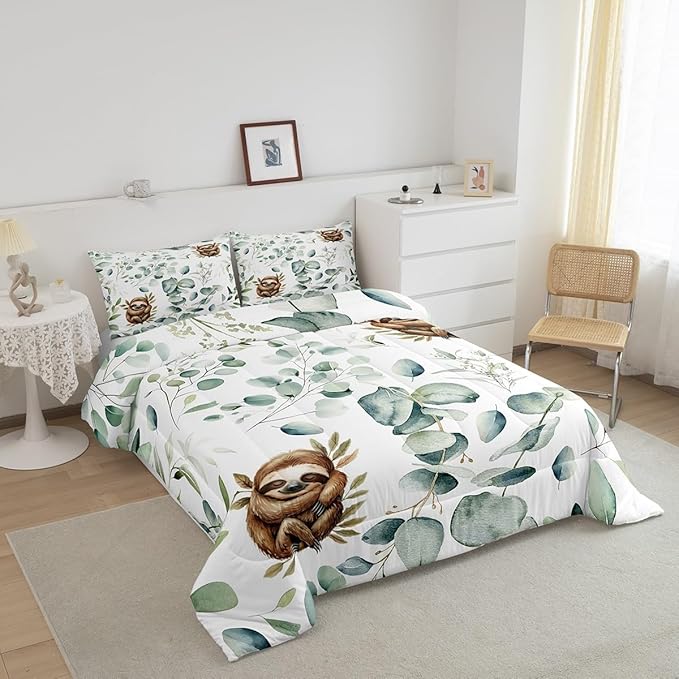 Erosebridal Girls Kawaii Animal Bedding Toddler Size Cute Sloth Comforter Set, Cartoon Wildlife Duvet Insert Green Leaf Quilt Comforter, Spring Plant Bedding Comforters & Sets Child Kids Bedroom Decor