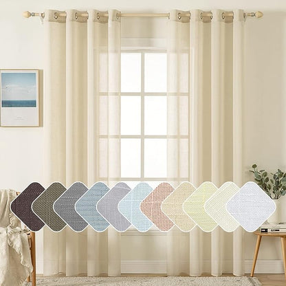 MIULEE 2 Panel 108 Inch Natural Light Beige Linen Semi Sheer Window Curtains Elegant Solid Drapes Grommet Top Window Voile Panels Linen Textured Panels for Sliding Door Living Room (52" W X 108" L)
