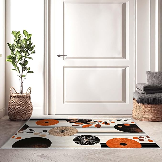2x3 Entryway Area Rug Orange Black White Bathroom Rug Non Slip Machine Washable Low Pile Small Carpet Kitchen Bedroom Door Mat Entrance