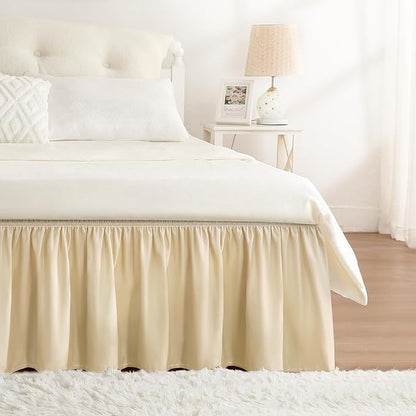 RIMELA Beige White Bed Skirt King Size 15 Inch Drop, Elastic Bed Skirting for Bed Base and Frame, Bedding Dust Ruffle Easy to Install, Lightweight Wrap Around Adjustable Bedskirt