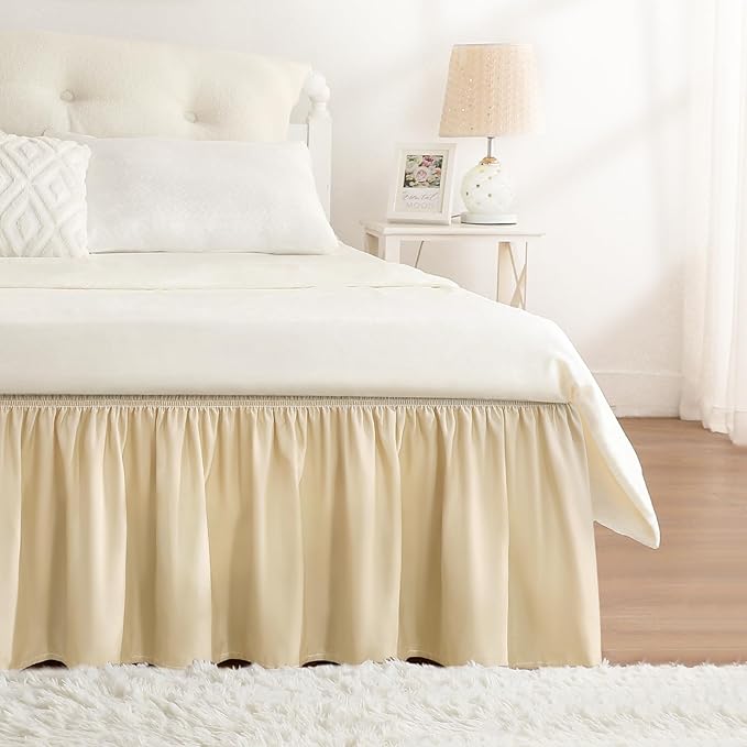 RIMELA Beige White Bed Skirt King Size 18 Inch Drop, Elastic Bed Skirting for Bed Base and Frame, Bedding Dust Ruffle Easy to Install, Lightweight Wrap Around Adjustable Bedskirt