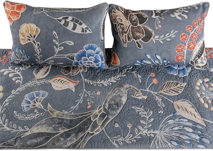 The HomeCentric Blue Bed Runner, CA King Size 86"x18" Decorative Bed Runner with 2 Matching Pillow Cover, Blue Linen Bed Scarf in Quilted Peacock, Linen & Jute Embroidery - Peacock Willow