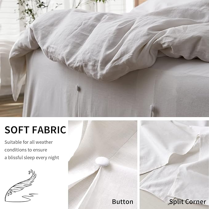 BISELINA French Linen Bed Skirt Split Corner with Button 14-Inch Tailored Drop Natural Flax Cotton Blend Basic Dust Ruffle Soft Cozy (14" King,Button White)