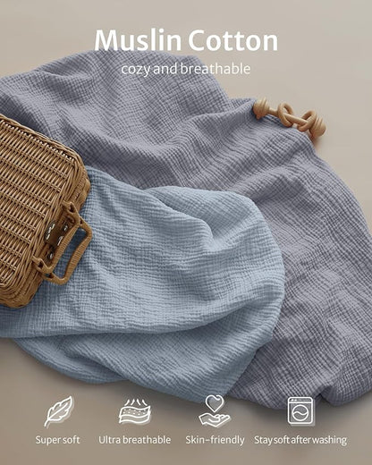 Blissful Diary Muslin Mini Crib Sheets, Pack and Play Mattress Sheets Fitted for Pack N Play, Soft Cotton for Boys Girls, 2 Pack(Light Blue&Grey)