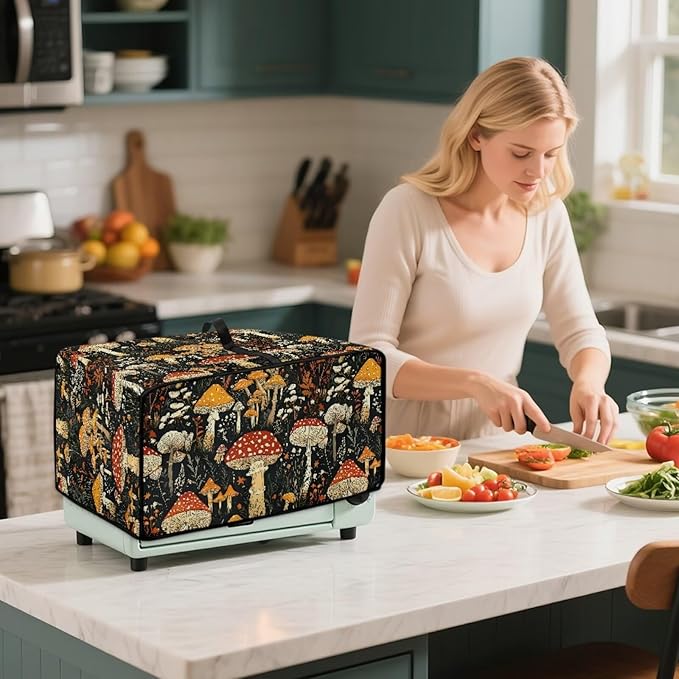 Dustproof Toaster Oven Cover Polyester-Linen Fabric Microwave Oven Dust Cover Foldable Kitchen Appliance Protector Dirt and Fingerprint Protection, Vintage Mushroom Plant Print, L