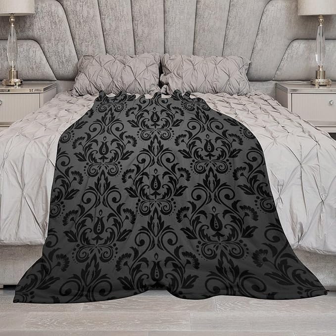 Black Damask Blanket, Antique Victorian Style Gothic Vintage Black Floral Bohemian Exotic Print Blanket for Sofa Bed Decor Fuzzy Blanket Twin, 60"x80"