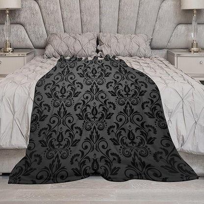 Black Damask Blanket, Antique Victorian Style Gothic Vintage Black Floral Bohemian Exotic Print Blanket for Sofa Bed Decor Fuzzy Blanket Twin, 60"x80"