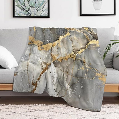 Modern Marble Blanket, Abstract Luxury Baroque Gold Grey Gradient Stone Veins Pattern Soft Warm Cozy Plush Flannel Covers for Livingroom Bedroom Couch Chair Camping Travel Home Decor Tapestry 30x40in