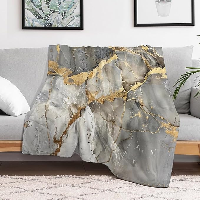 Modern Marble Blanket, Abstract Luxury Baroque Gold Grey Gradient Stone Veins Pattern Soft Warm Cozy Plush Flannel Covers for Livingroom Bedroom Couch Chair Camping Travel Home Decor Tapestry 50x60in