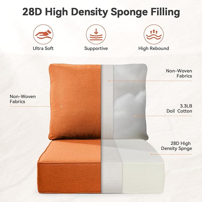 Luxury 6" Outdoor Cushions for Patio Furniture, 24x24x6" Thick Seat Cushion Set of 9, Fade Resistant Couch Chair Replacement Cushions High Density Deep Wicker Chair Cushion w/ Removable Cover, Orange