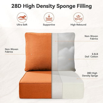 Luxury 6" Outdoor Cushions for Patio Furniture, 24x24x6" Thick Seat Cushion Set of 4, Fade Resistant Couch Chair Replacement Cushions High Density Deep Wicker Chair Cushion w/ Removable Cover, Orange