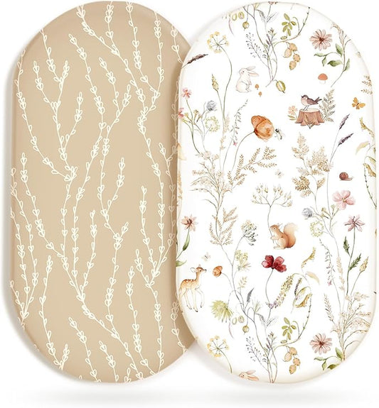 GRSSDER Ultra Soft Bassinet Sheets 2 Pack, Stretchy Breathable Knit Bassinet Mattress Sheets for Baby, Universal Fitted Baby Cradle Moses Basket Oval Rectangle Mattresses Safe and Snug, Stylish Print