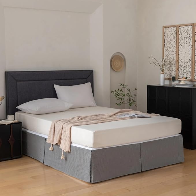 King Bed Skirt, Wrap Around Bed Skirt with Pleated Corner, 14 Inch Drop Pleated Waffle Weave Bedskirts, Anti-Slip, Microfiber, Grey, 14'' King