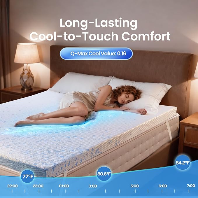 OhGeni 3 Inch Cooling Queen Size Gel Memory Foam Mattress Topper Pad,Washable Bed Cover with Anti-Slip Base &Zipper,Fits 6"-19" Mattresses with Straps,Extra Comfort for Sleep & Back Pain Relief