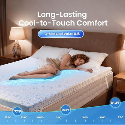 OhGeni 3 Inch Cooling Queen Size Gel Memory Foam Mattress Topper Pad,Washable Bed Cover with Anti-Slip Base &Zipper,Fits 6"-19" Mattresses with Straps,Extra Comfort for Sleep & Back Pain Relief