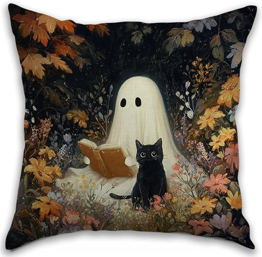 Vintage Floral Throw Pillow Covers, Vintage Flower Pattern Double Sided Cushion Cover, Indoor and Outdoor Home Art Decor Pillowcase for Sofa or Bedroom Decor 18x18inches (Ghost&Cat, 18x18inches)