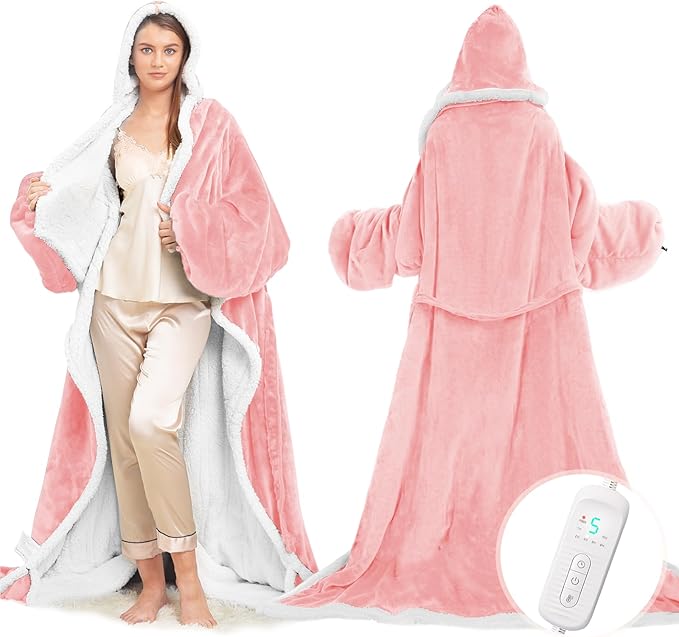 Wearable Heated Blanket with Foot Pocket, Electric Wearable Throw Blanket with Sleeves, Hood, Portable Heated Blanket with 8 Heat Settings, 1-10 Hours Auto Shut-off, Gift for Family, Friends, 50*70"