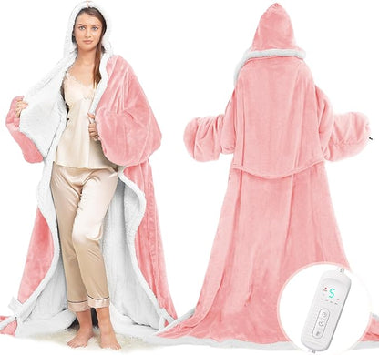 Wearable Heated Blanket with Foot Pocket, Electric Wearable Throw Blanket with Sleeves, Hood, Portable Heated Blanket with 8 Heat Settings, 1-10 Hours Auto Shut-off, Gift for Family, Friends, 50*70"