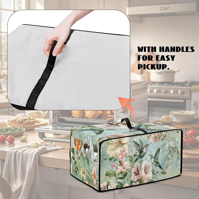 Air Fryer Toaster Oven Dust Cover Protective Convection Oven Cover with Pockets and Handle for Kitchen Countertop, S, 14.5 x 18.5 x 9 Inches, Retro Hummingbird Hibiscus Flower Green
