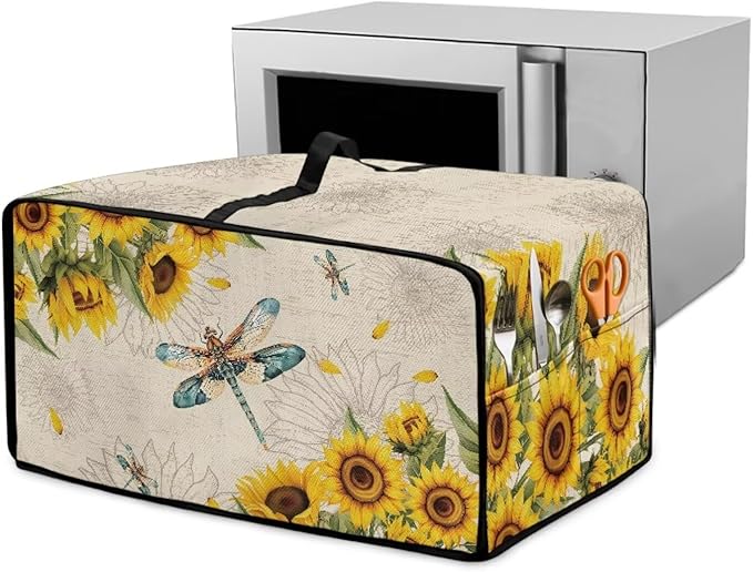 Dragonfly Sunflower Print Microwave Oven Cover Dust-Proof Microwave Toaster Oven Cover with Storage Bags Universal Washable Decor Accessories for Kitchen, L