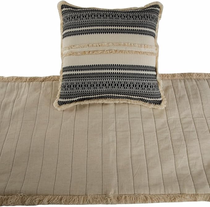 The HomeCentric Beige Bed Runner Without Pillow Cover, Twin Size 53"x18" Decorative Bed Runner, Beige & Black Linen Bed Scarf in Quilted, Natural Linen with Lace - Moroccan Vibe