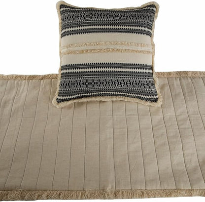 The HomeCentric Beige Bed Runner Without Pillow Cover, CA King Size 86"x18" Decorative Bed Runner, Beige & Black Linen Bed Scarf in Quilted, Natural Linen with Lace - Moroccan Vibe
