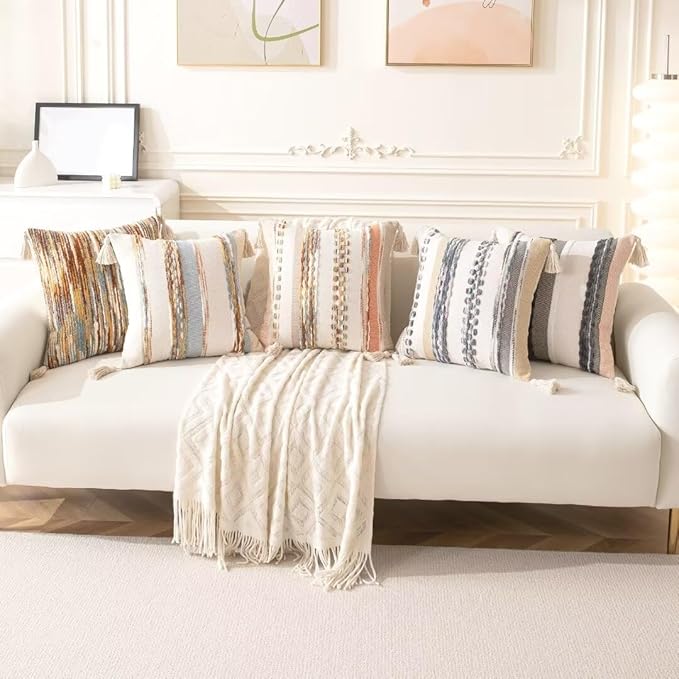 Boho Throw Pillow Covers 18x18 Set of 2 Woven Tufted Farmhouse Pillows Cover with Tassels Textured Striped Cushion Case Neutral Pillow Cases Decorative Pillowcase for Sofa Couch Bed,Orange